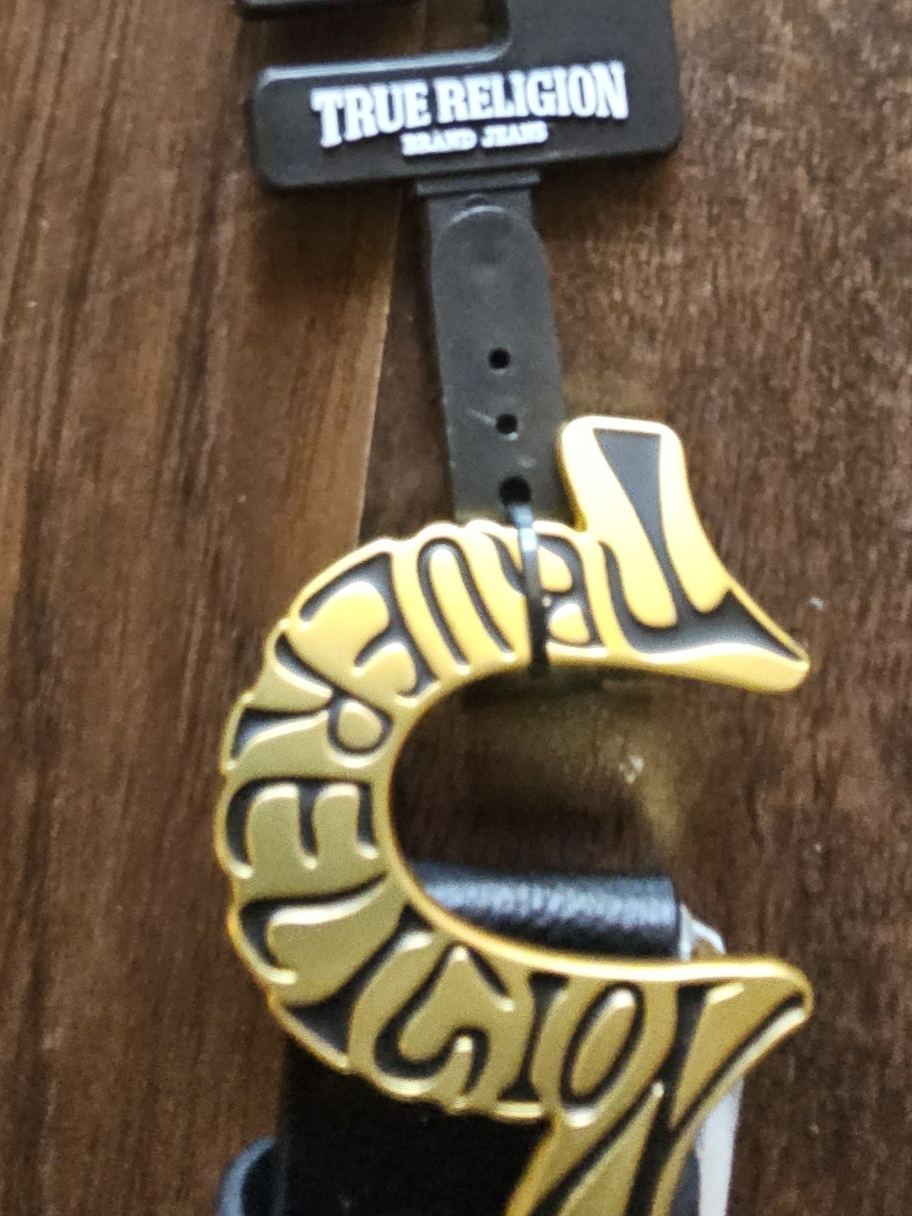 True Religion Black and Gold Logo Belt with Belt Buckle